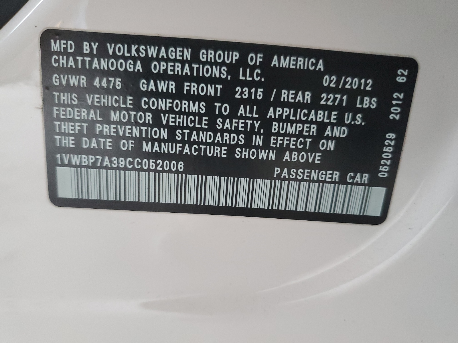 1VWBP7A39CC052006 2012 Volkswagen Passat Se