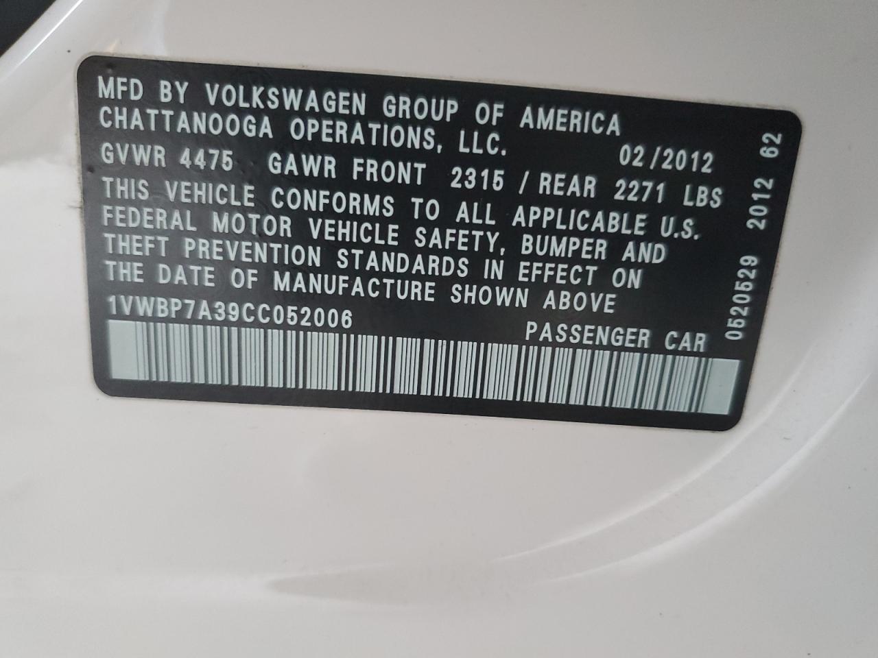 2012 Volkswagen Passat Se VIN: 1VWBP7A39CC052006 Lot: 53449454