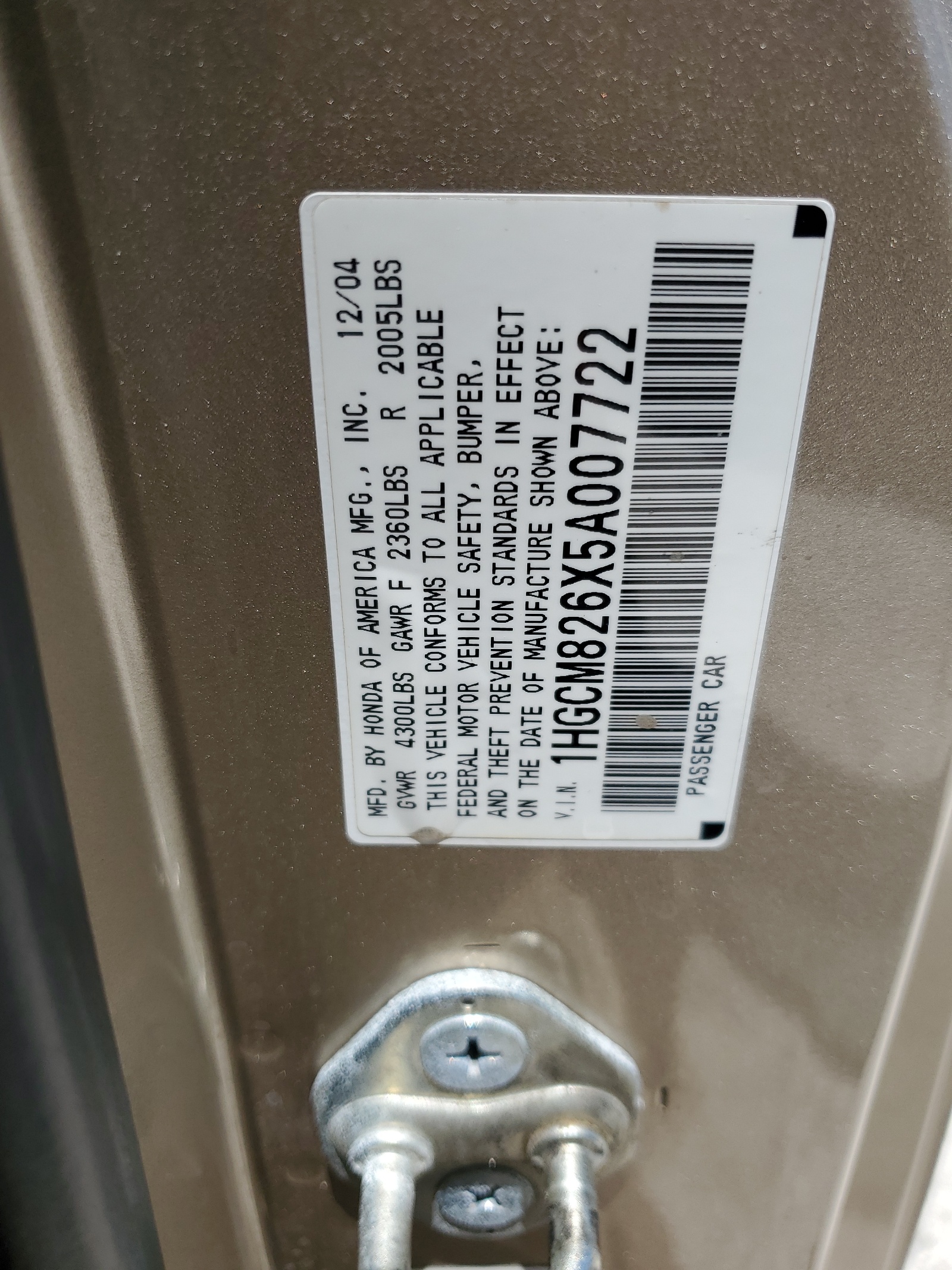 1HGCM826X5A007722 2005 Honda Accord Ex