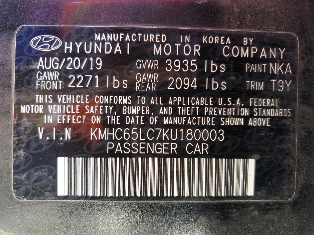 KMHC65LC7KU180003 2019 Hyundai Ioniq Blue