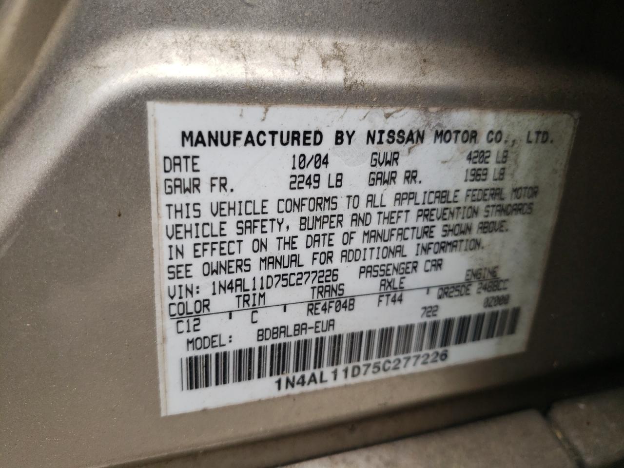 2005 Nissan Altima S VIN: 1N4AL11D75C277226 Lot: 54164724