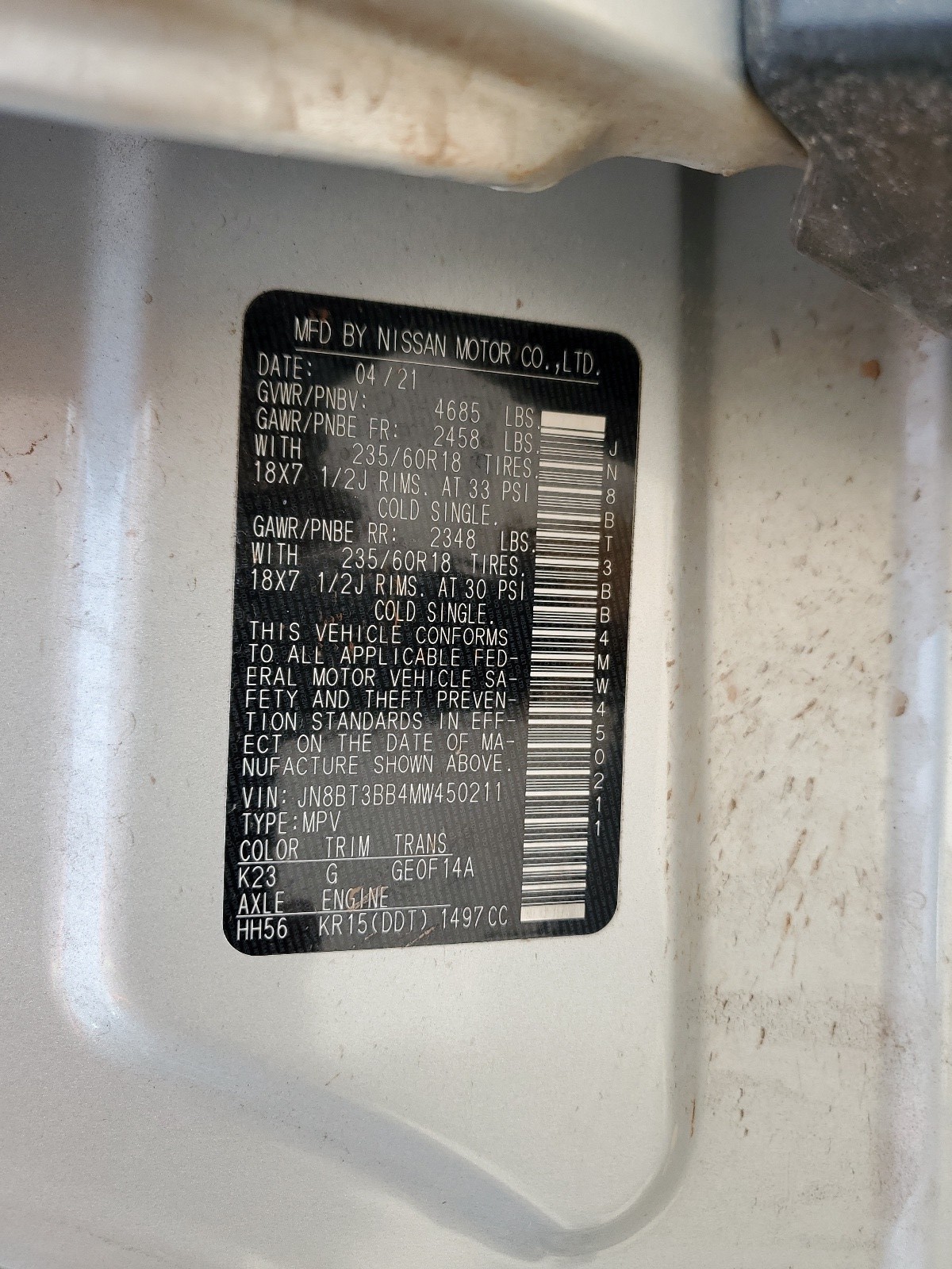 JN8BT3BB4MW450211 2021 Nissan Rogue Sv