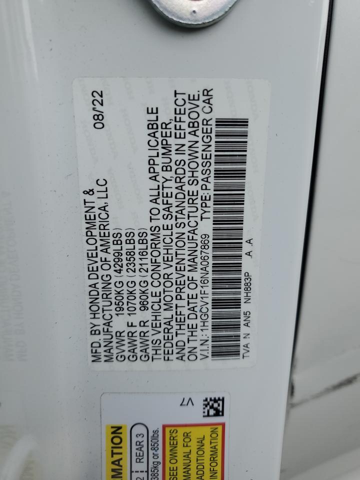 2022 Honda Accord Lx VIN: 1HGCV1F16NA067869 Lot: 54848014