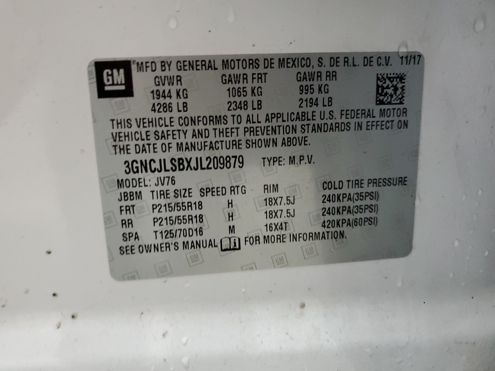 3GNCJLSBXJL209879 2018 Chevrolet Trax 1Lt