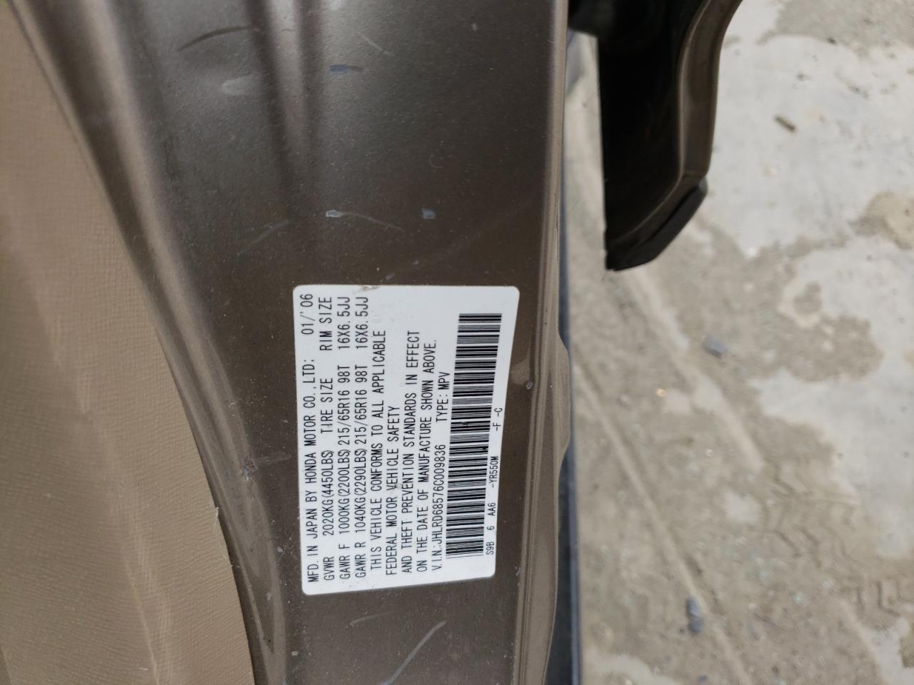 2006 Honda Cr-V Lx VIN: JHLRD68576C009836 Lot: 56302694