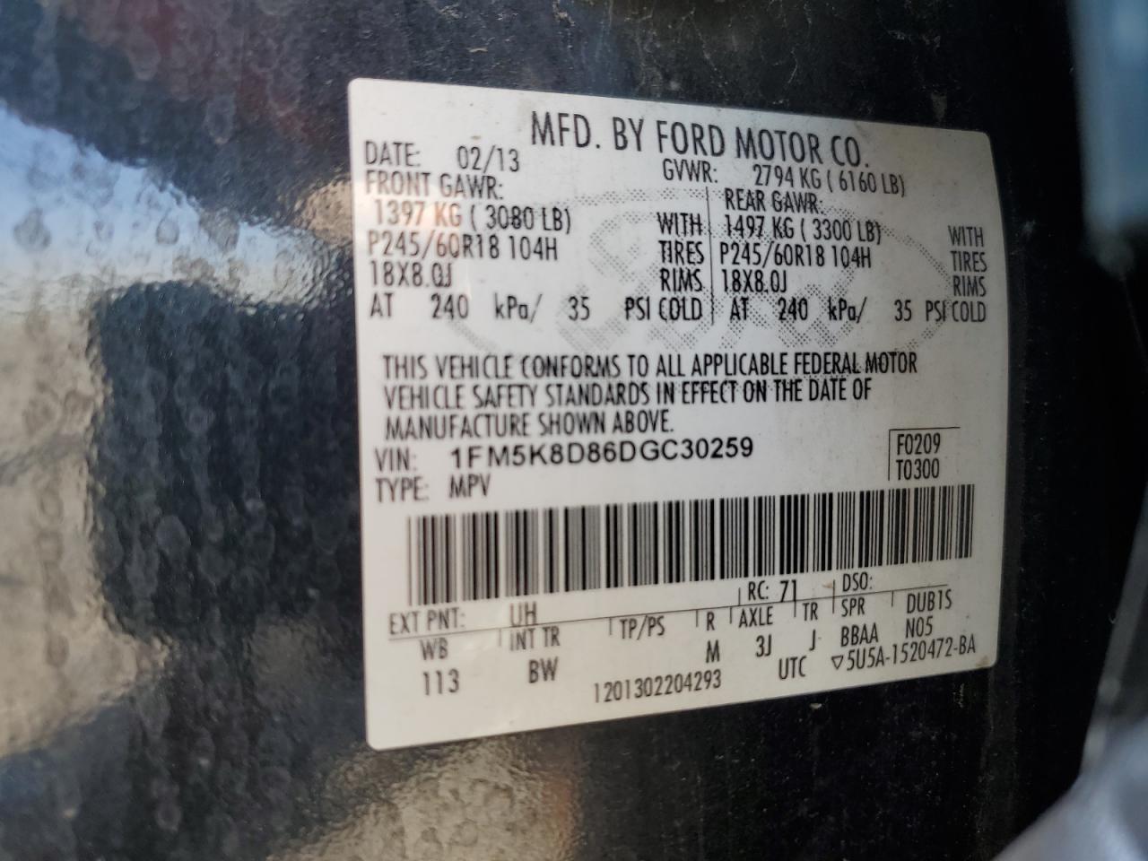 2013 Ford Explorer Xlt VIN: 1FM5K8D86DGC30259 Lot: 56506834