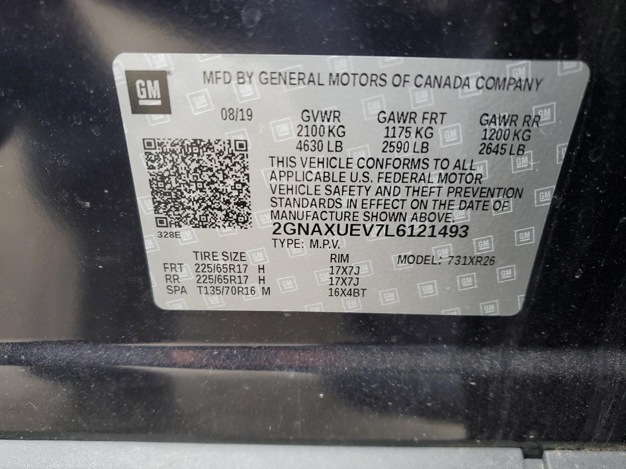 2020 Chevrolet Equinox Lt VIN: 2GNAXUEV7L6121493 Lot: 53553794