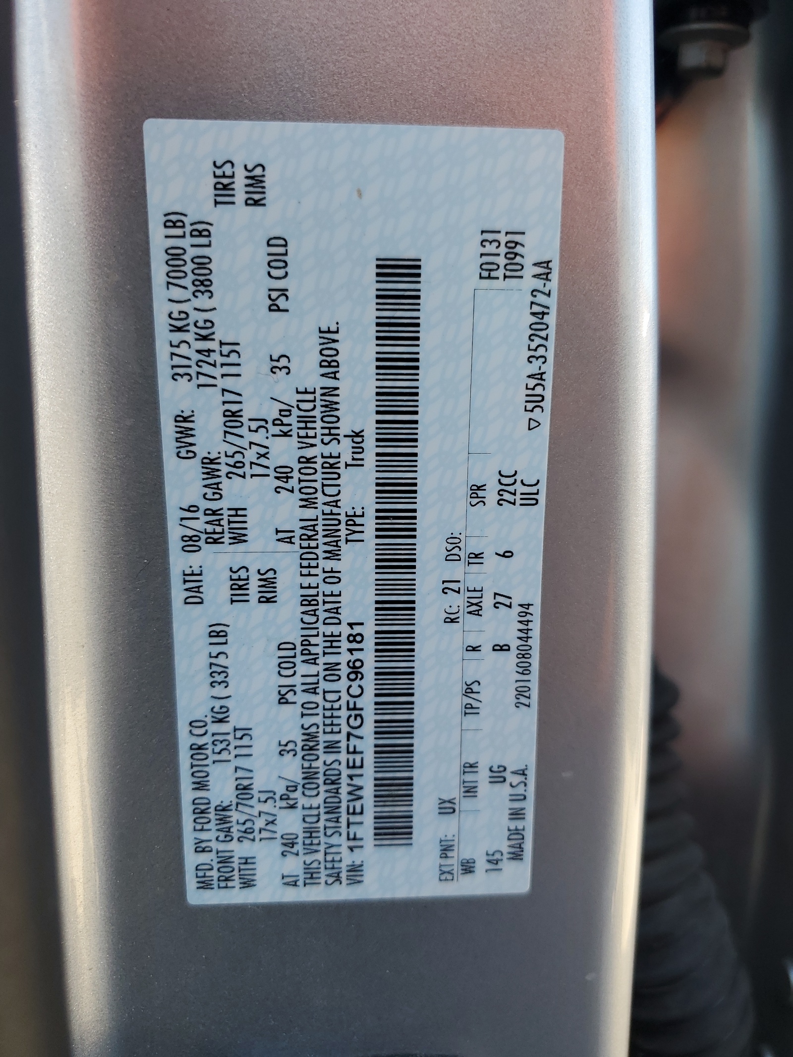 1FTEW1EF7GFC96181 2016 Ford F150 Supercrew