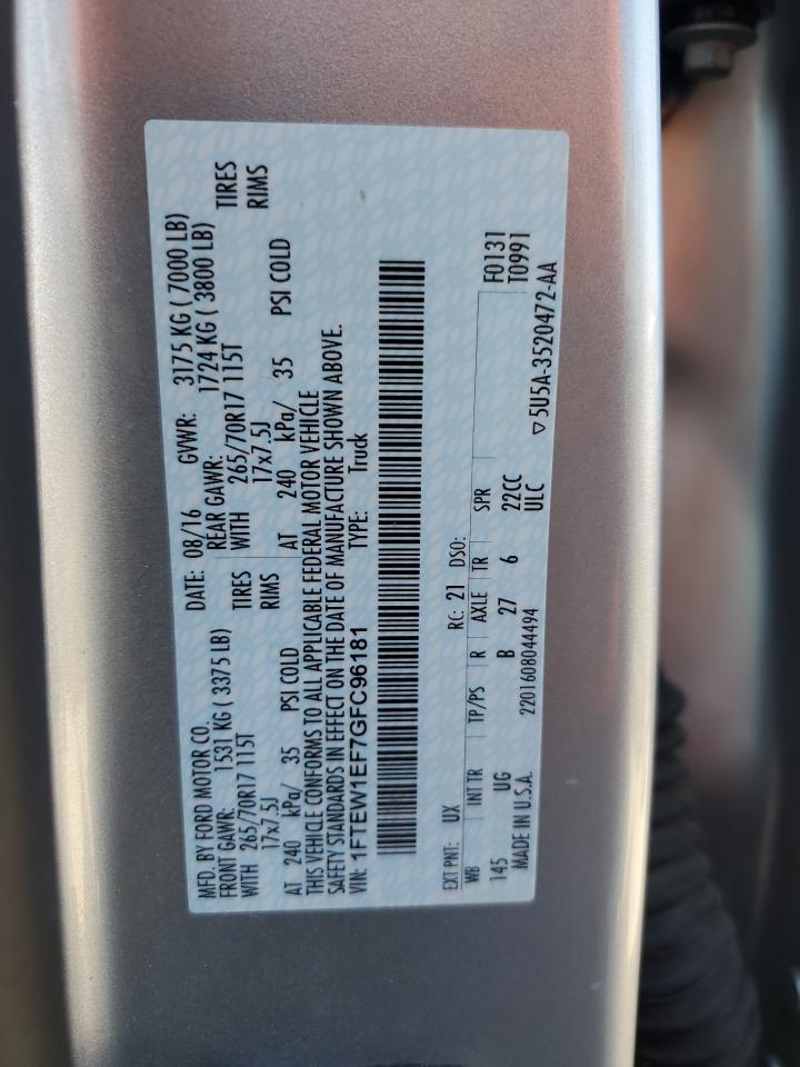 2016 Ford F150 Supercrew VIN: 1FTEW1EF7GFC96181 Lot: 55207834