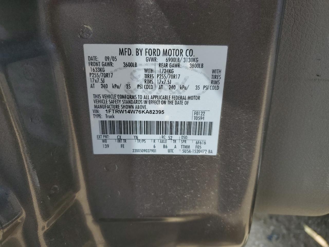 2006 Ford F150 Supercrew VIN: 1FTRW14W76KA82395 Lot: 56675554