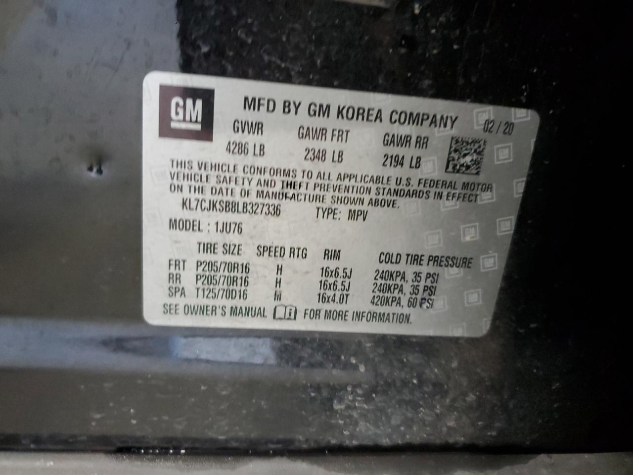 2020 Chevrolet Trax Ls VIN: KL7CJKSB8LB327336 Lot: 66291994