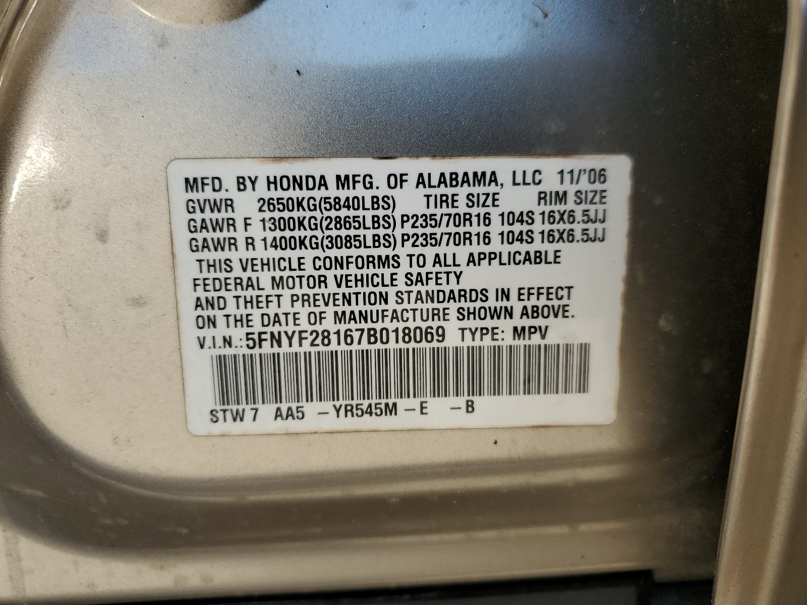 5FNYF28167B018069 2007 Honda Pilot Lx