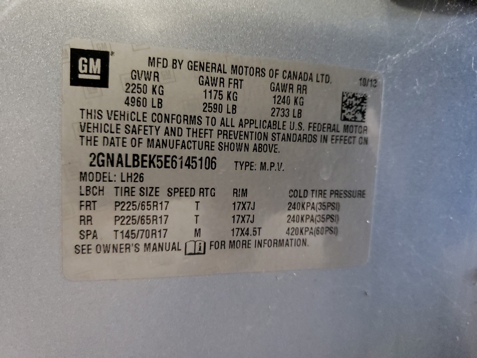 2GNALBEK5E6145106 2014 Chevrolet Equinox Lt