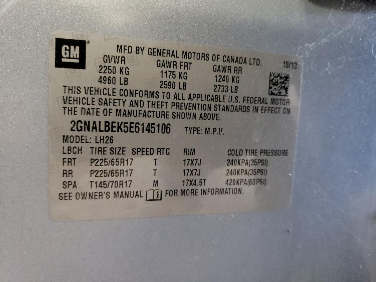 2014 Chevrolet Equinox Lt VIN: 2GNALBEK5E6145106 Lot: 55152964