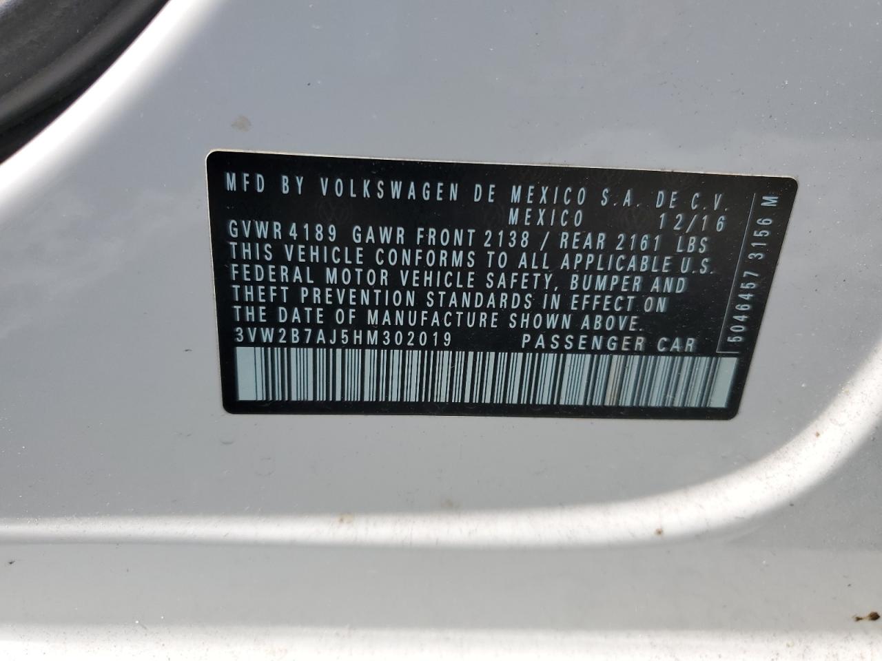 2017 Volkswagen Jetta S VIN: 3VW2B7AJ5HM302019 Lot: 53582644