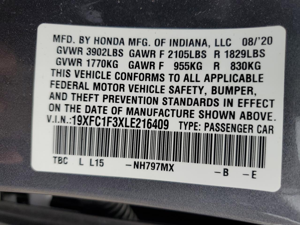 19XFC1F3XLE216409 2020 Honda Civic Ex