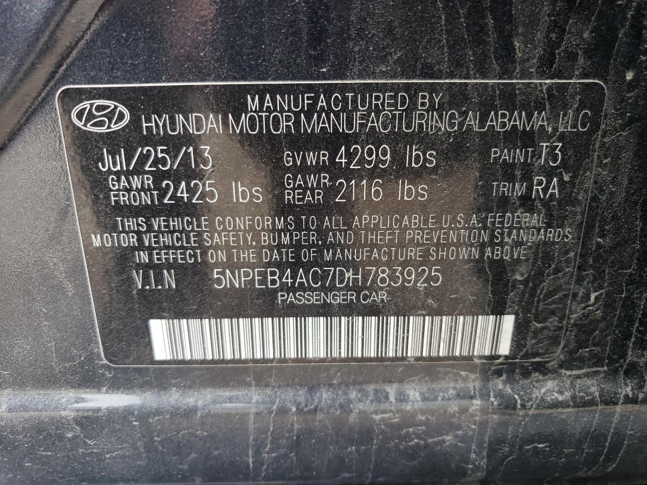 5NPEB4AC7DH783925 2013 Hyundai Sonata Gls