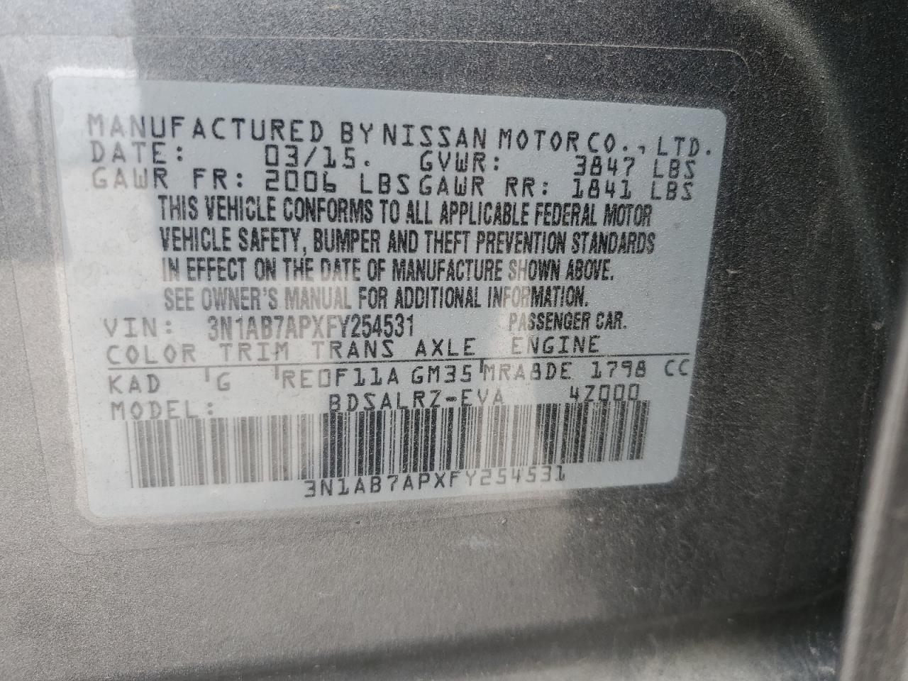 2015 Nissan Sentra S VIN: 3N1AB7APXFY254531 Lot: 56446274
