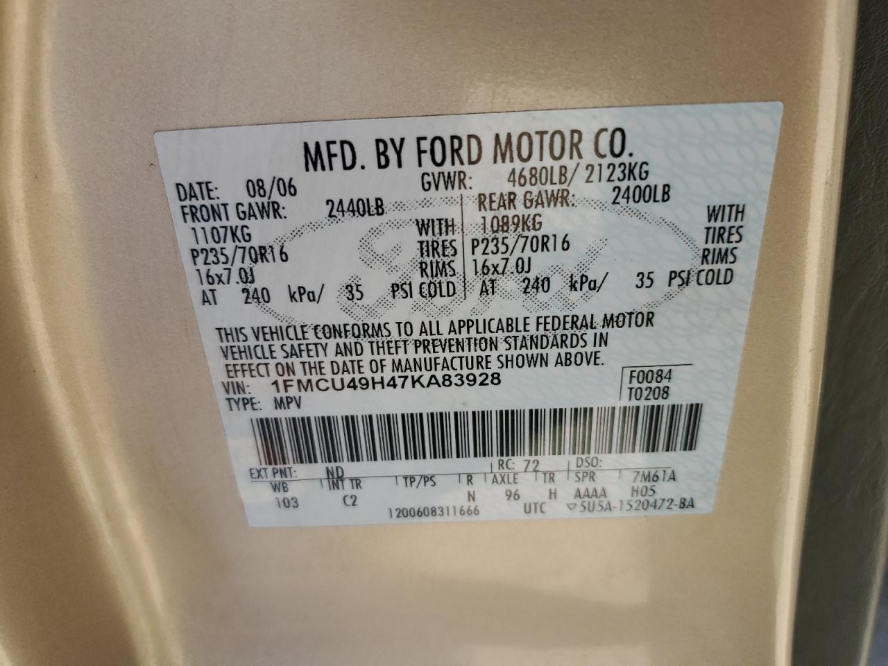 1FMCU49H47KA83928 2007 Ford Escape Hev