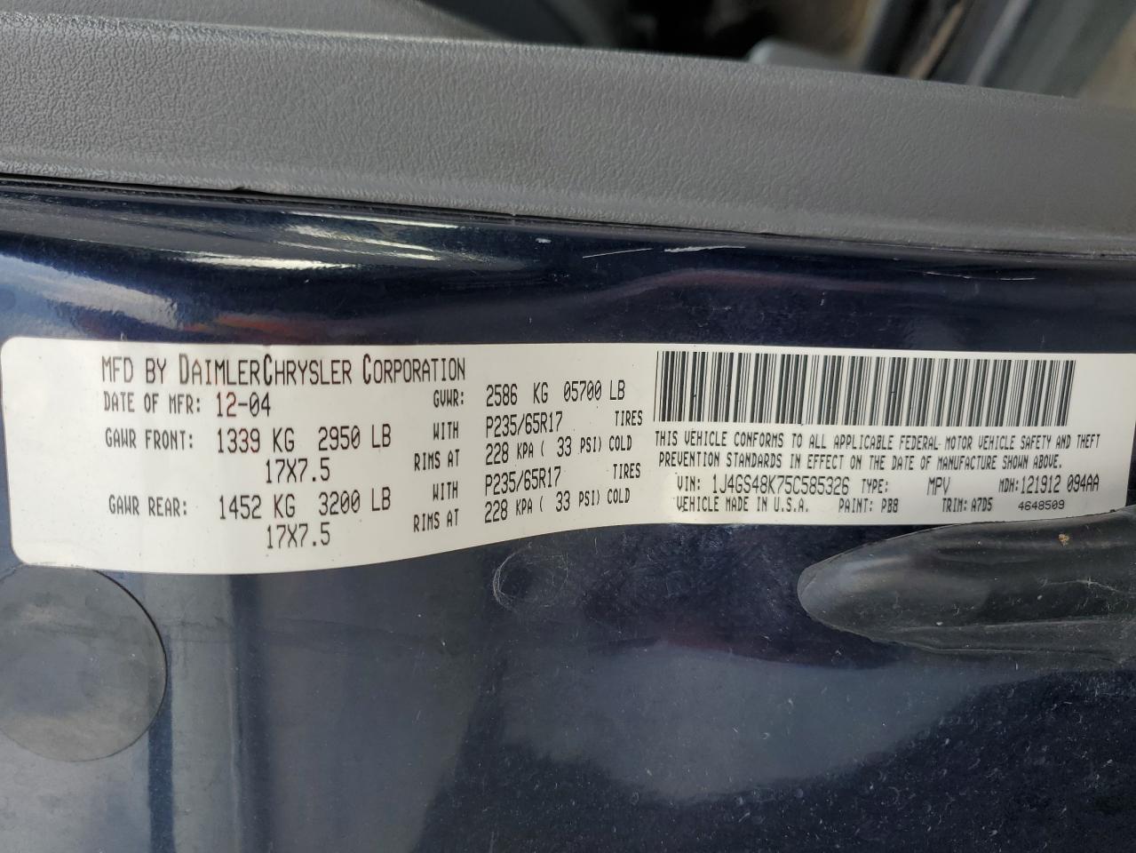 2005 Jeep Grand Cherokee Laredo VIN: 1J4GS48K75C585326 Lot: 55954944