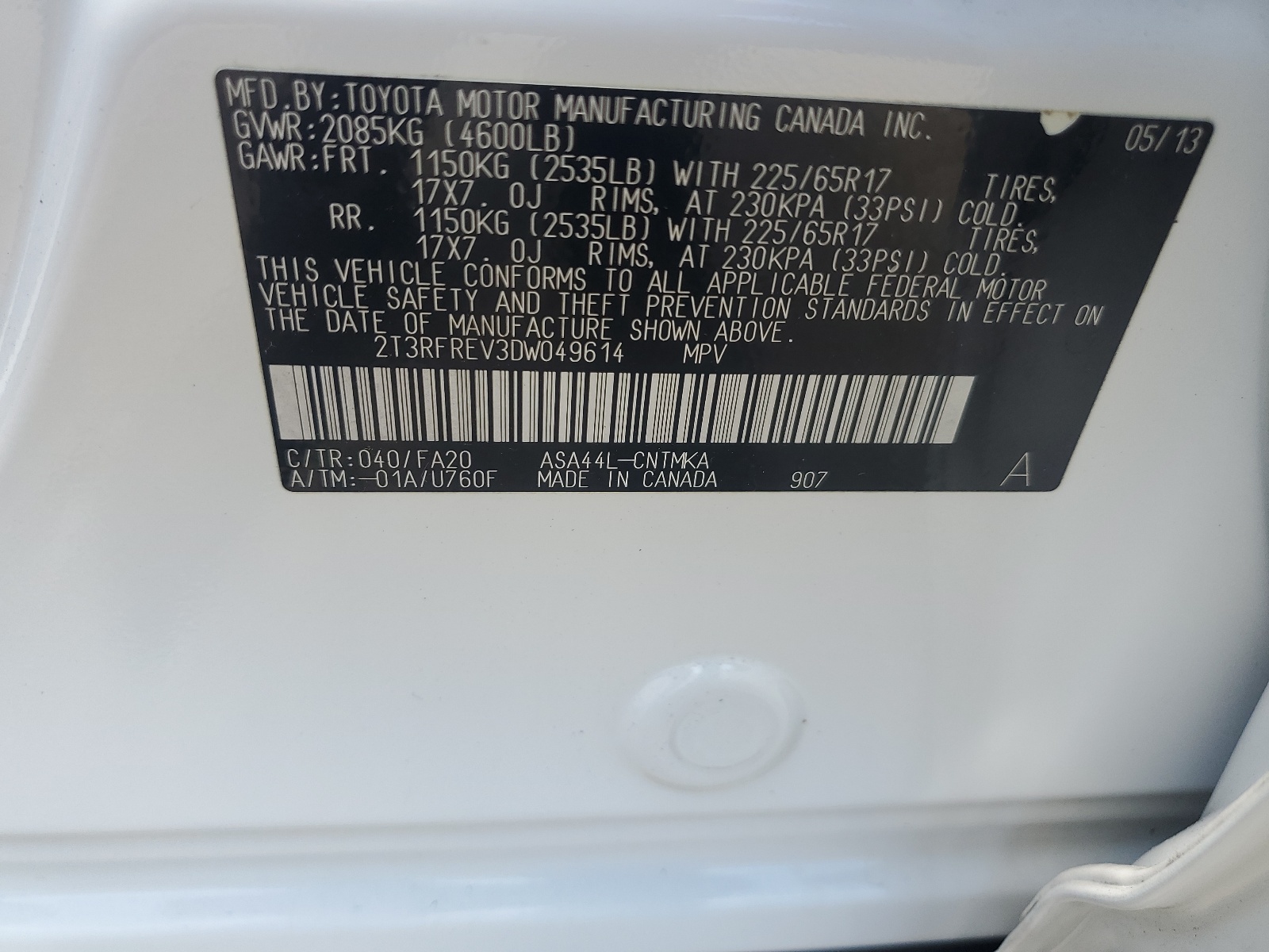 2T3RFREV3DW049614 2013 Toyota Rav4 Xle