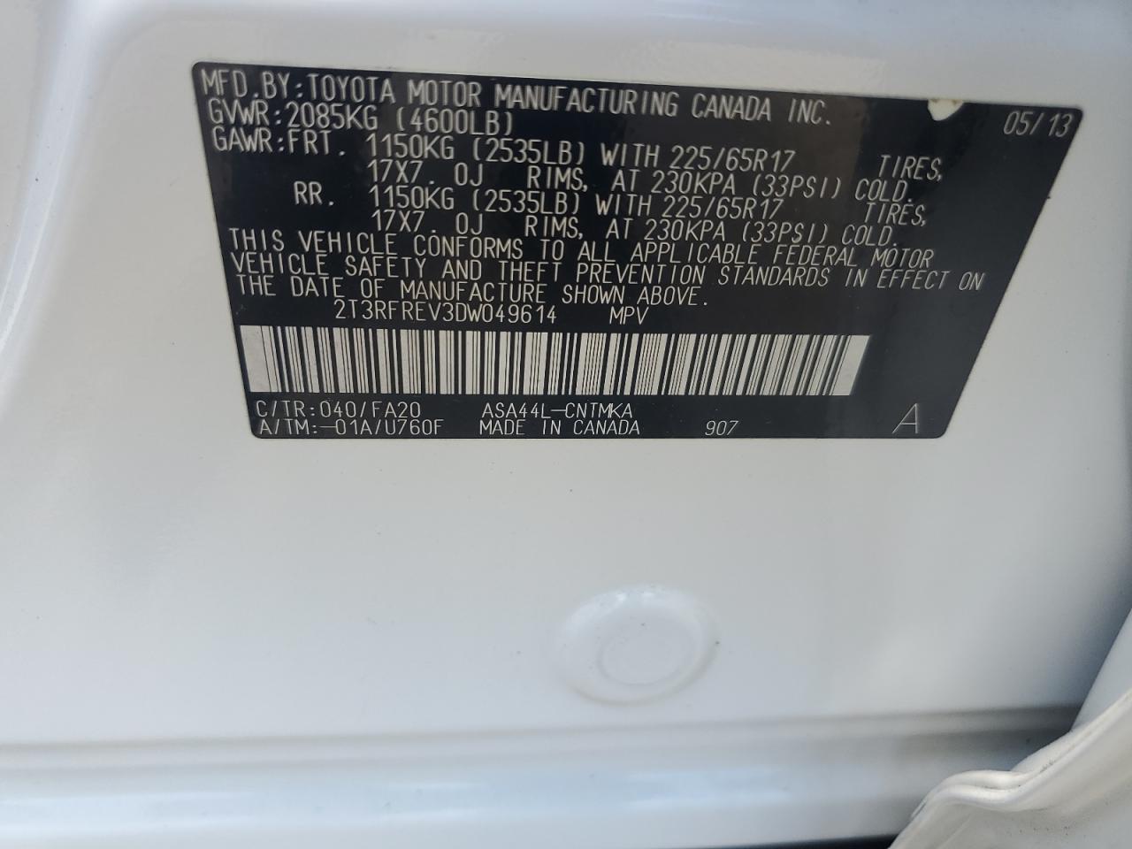 2013 Toyota Rav4 Xle VIN: 2T3RFREV3DW049614 Lot: 57078684