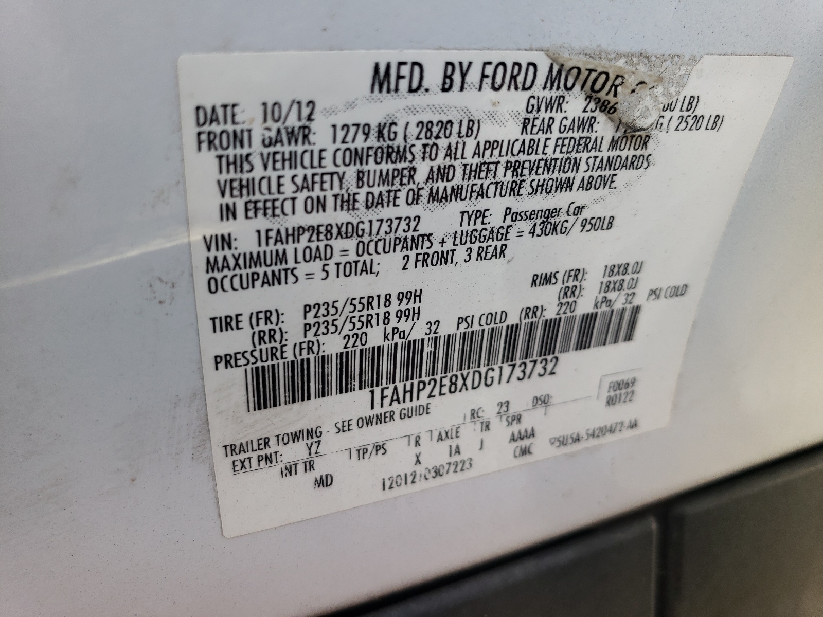 1FAHP2E8XDG173732 2013 Ford Taurus Sel