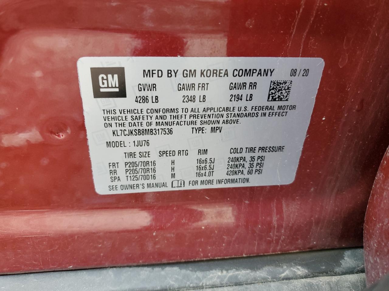 VIN KL7CJKSB8MB317536 2021 CHEVROLET TRAX no.14