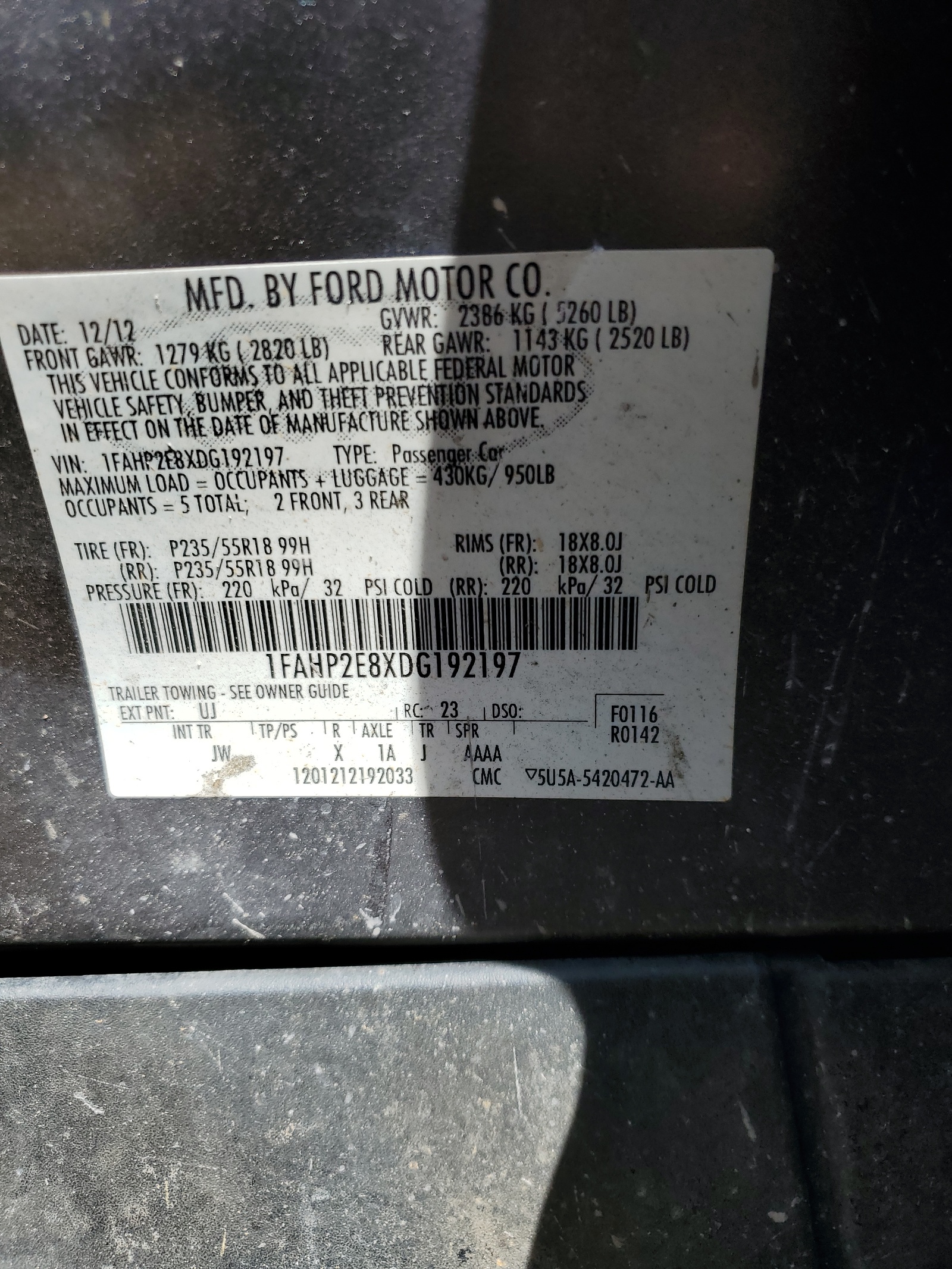 1FAHP2E8XDG192197 2013 Ford Taurus Sel