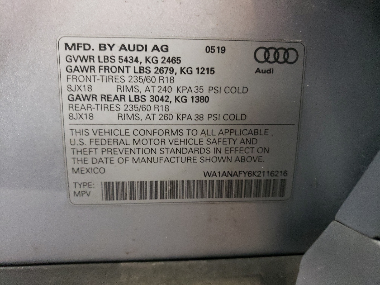 WA1ANAFY6K2116216 2019 Audi Q5 Premium