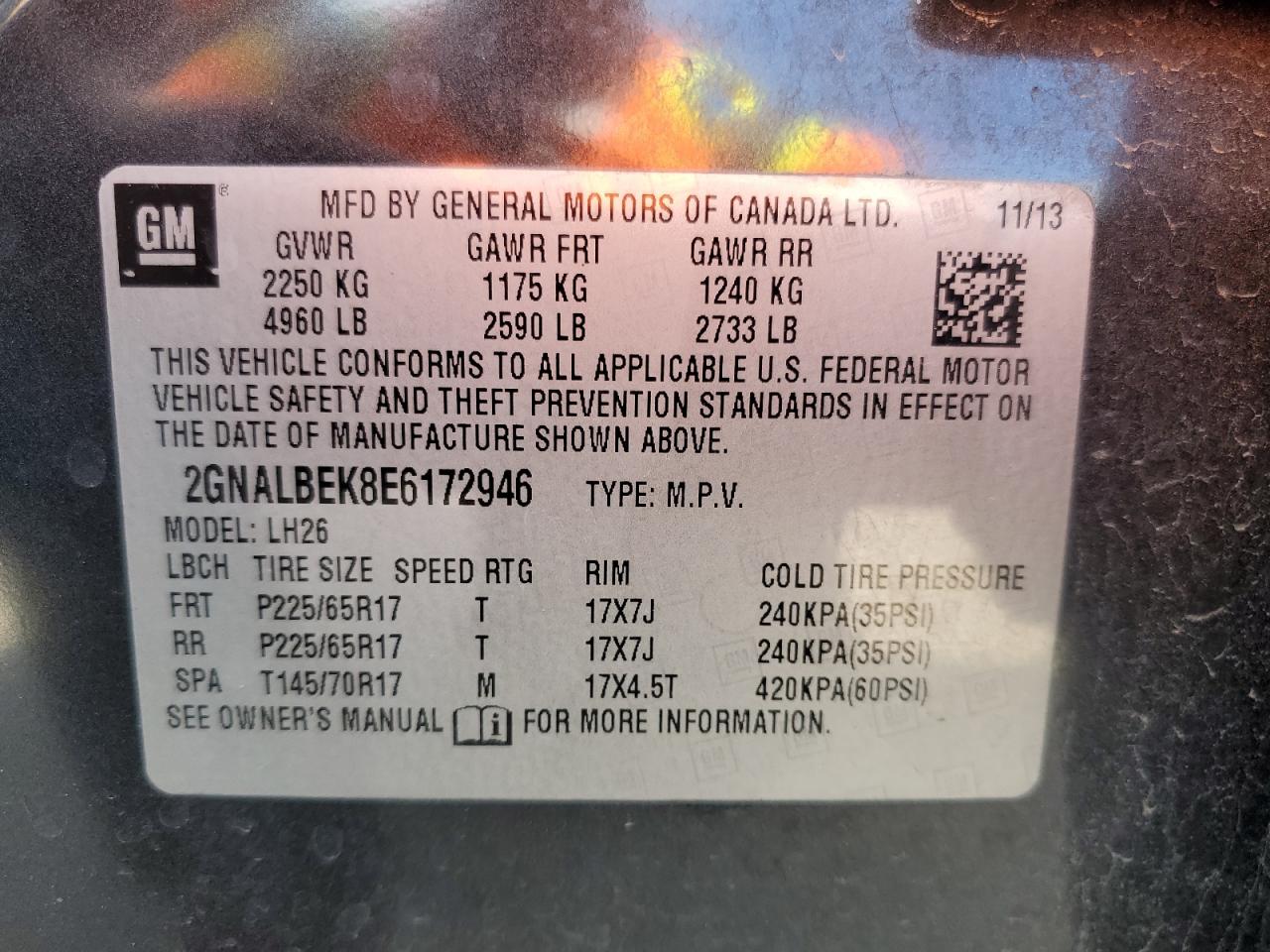 2014 Chevrolet Equinox Lt VIN: 2GNALBEK8E6172946 Lot: 53092634