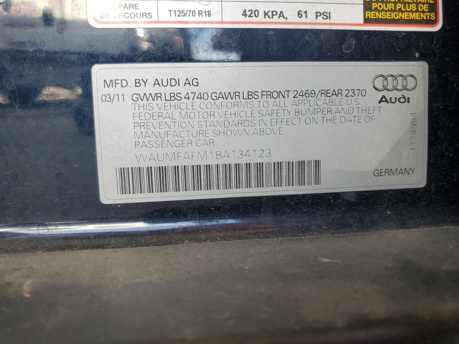 WAUMFAFM1BA134123 2011 Audi A3 Premium Plus