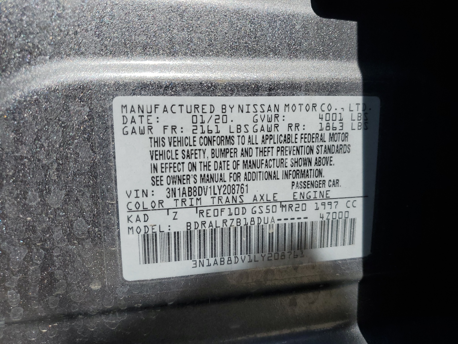 3N1AB8DV1LY208761 2020 Nissan Sentra Sr
