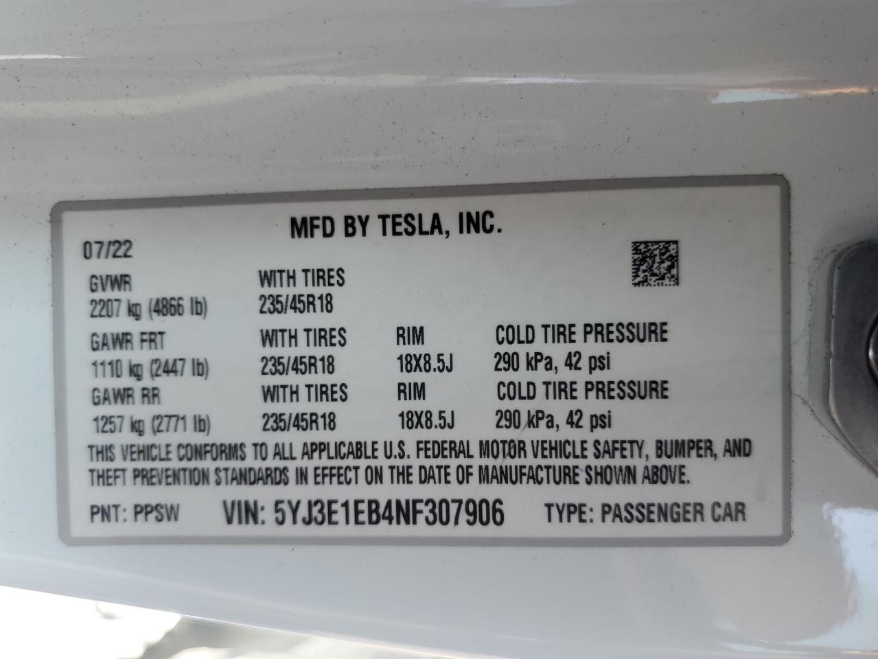 5YJ3E1EB4NF307906 2022 Tesla Model 3