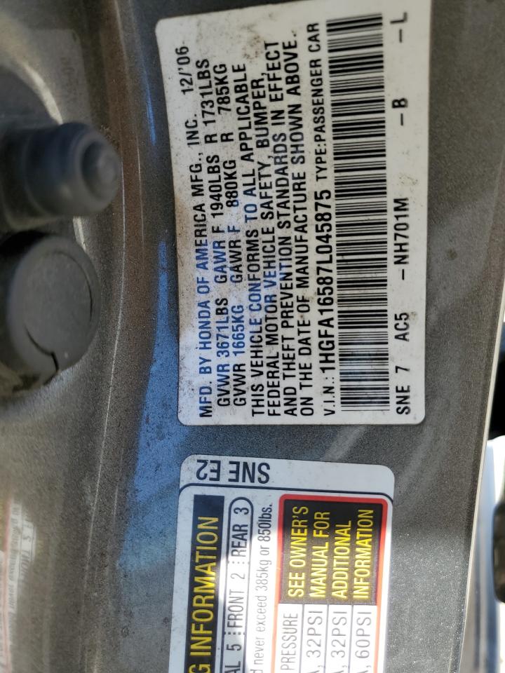 2007 Honda Civic Lx VIN: 1HGFA16587L045875 Lot: 57326644