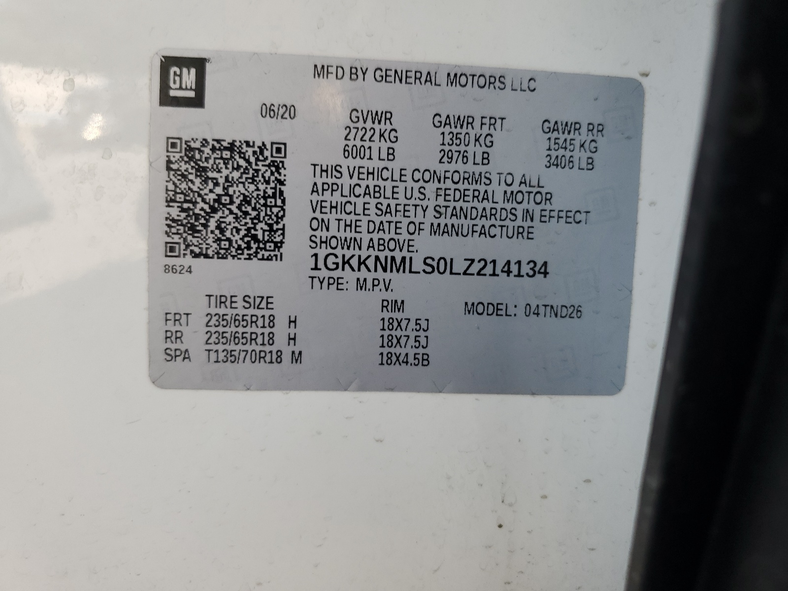 1GKKNMLS0LZ214134 2020 GMC Acadia Slt