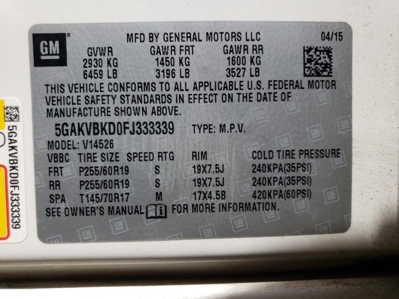 2015 Buick Enclave VIN: 5GAKVBKD0FJ333339 Lot: 53532904