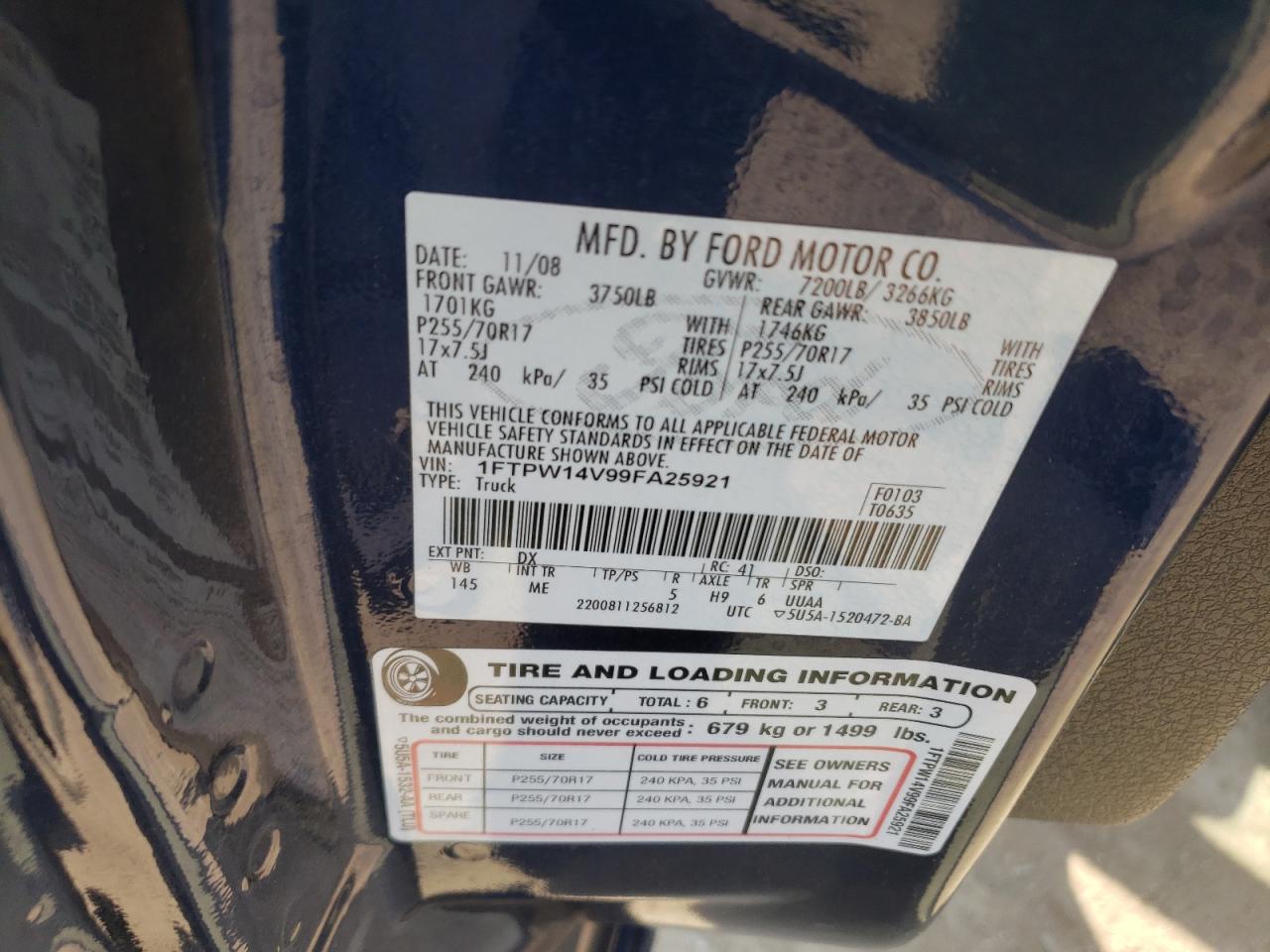 2009 Ford F150 Supercrew VIN: 1FTPW14V99FA25921 Lot: 56155704