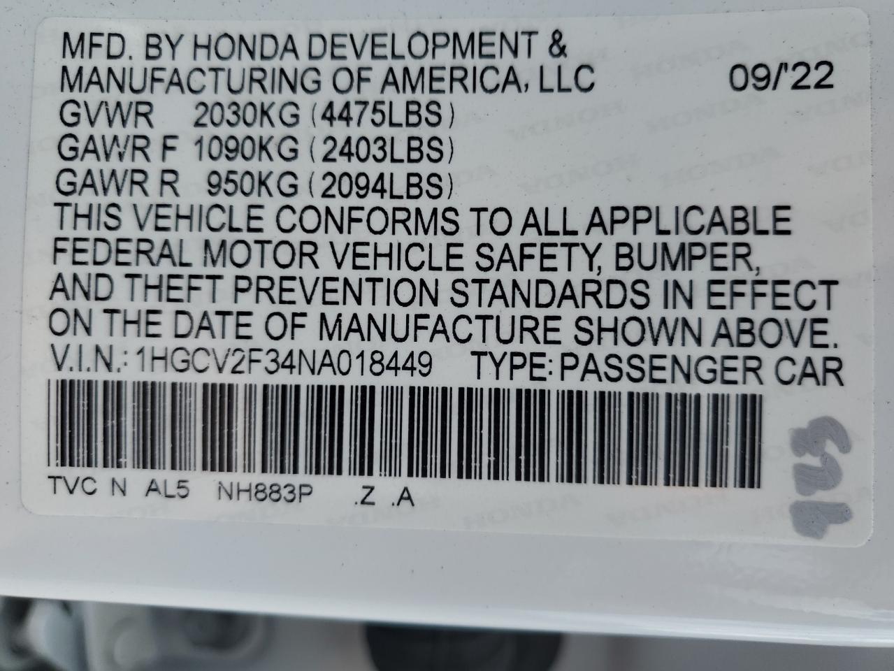 2022 Honda Accord Sport VIN: 1HGCV2F34NA018449 Lot: 53840124