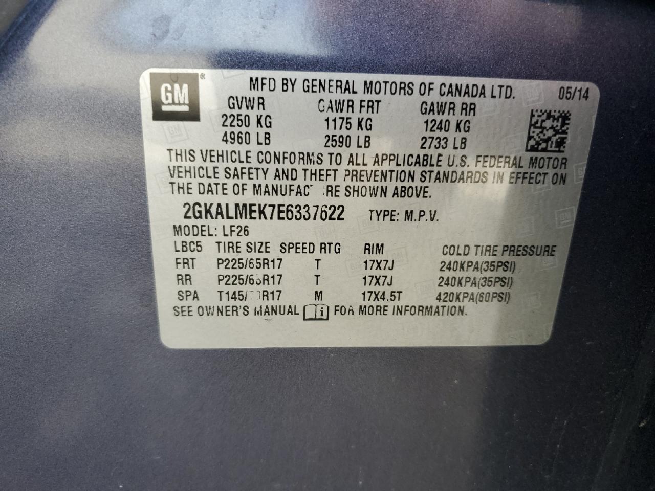 2014 GMC Terrain Sle VIN: 2GKALMEK7E6337622 Lot: 56109664