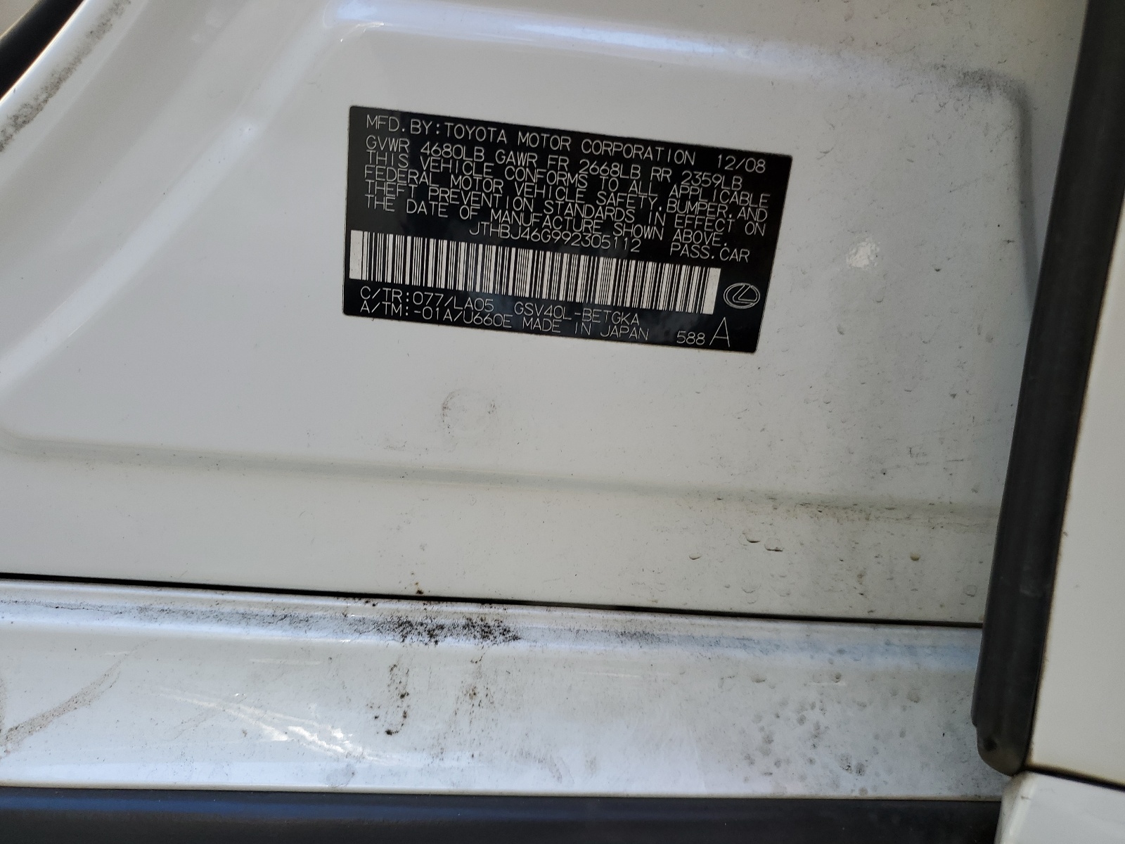 JTHBJ46G992305112 2009 Lexus Es 350