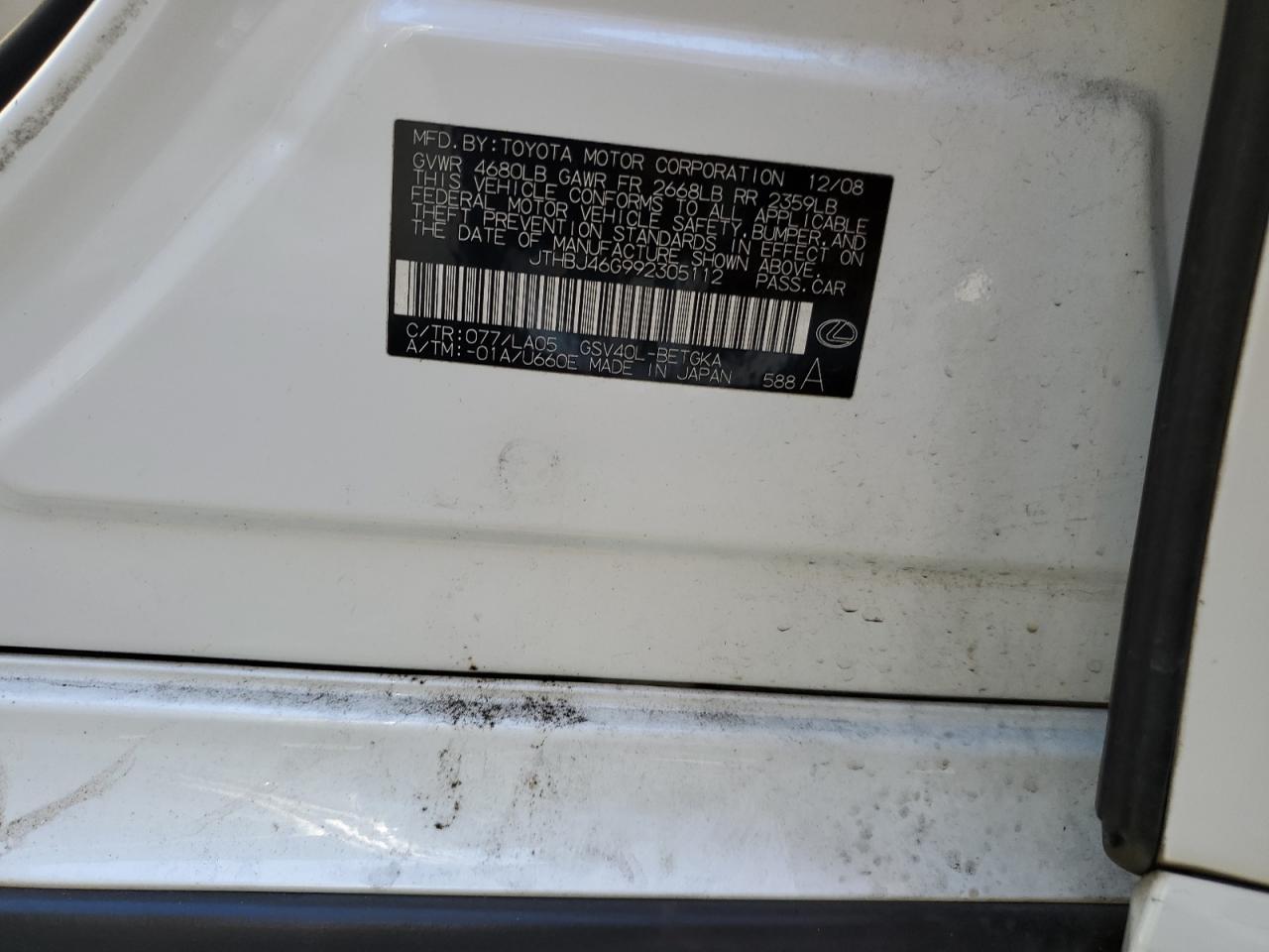 2009 Lexus Es 350 VIN: JTHBJ46G992305112 Lot: 55357754