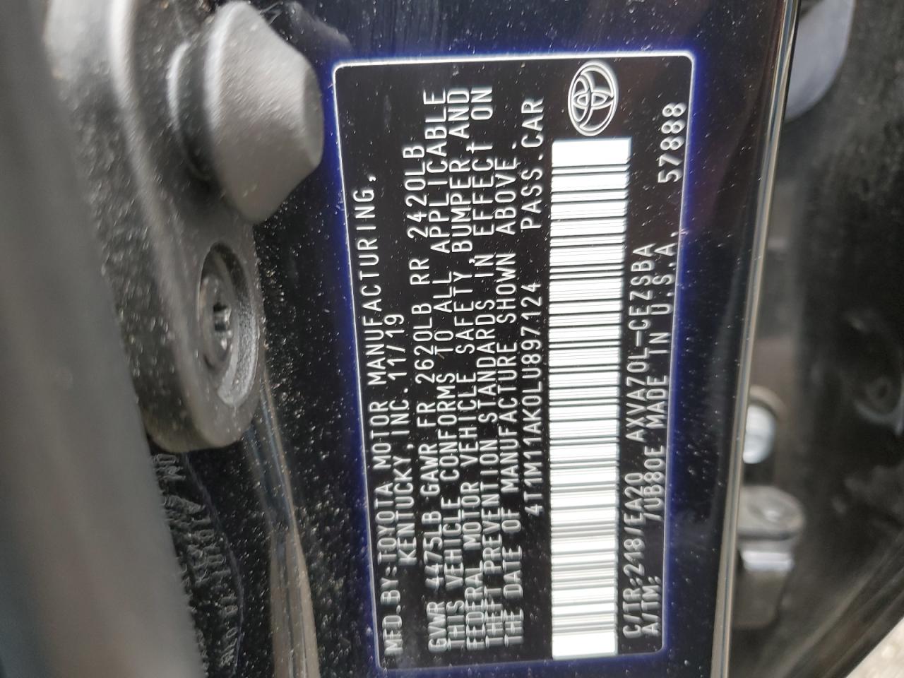 2020 Toyota Camry Se VIN: 4T1M11AK0LU897124 Lot: 56430284