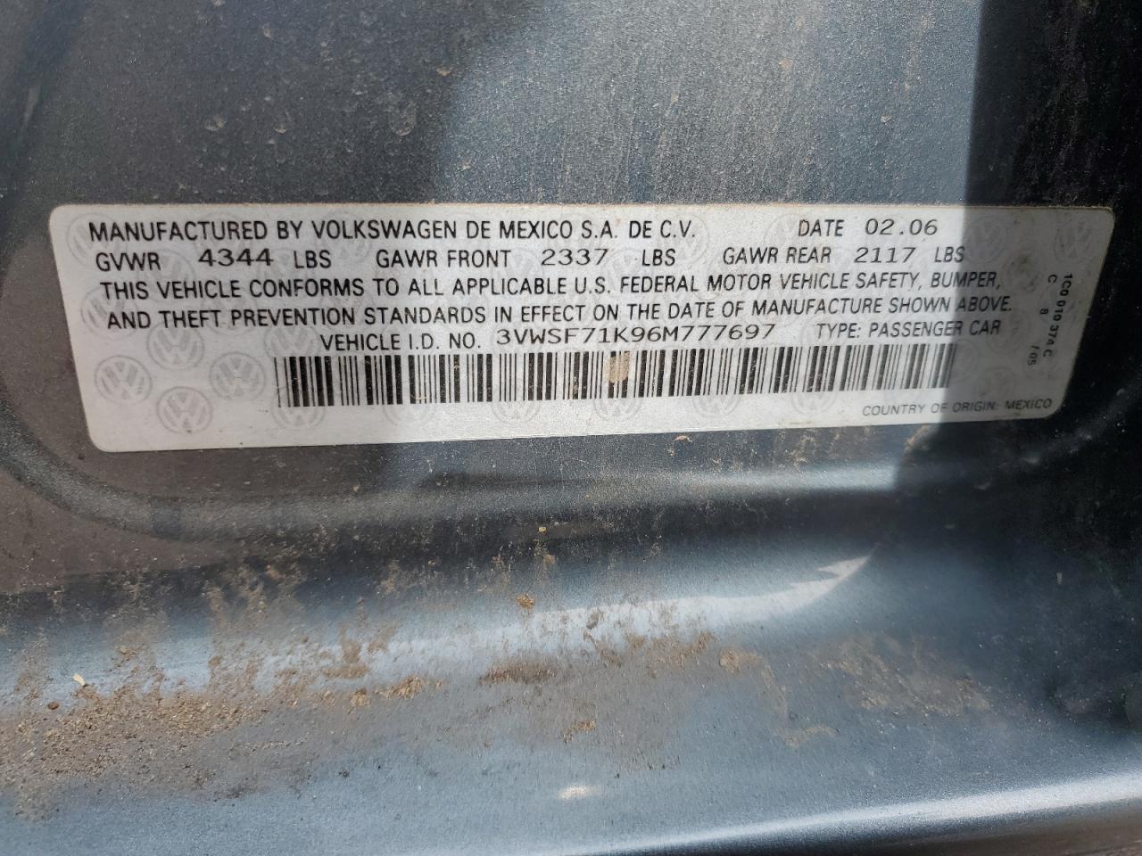 2006 Volkswagen Jetta 2.5 Option Package 1 VIN: 3VWSF71K96M777697 Lot: 55710564