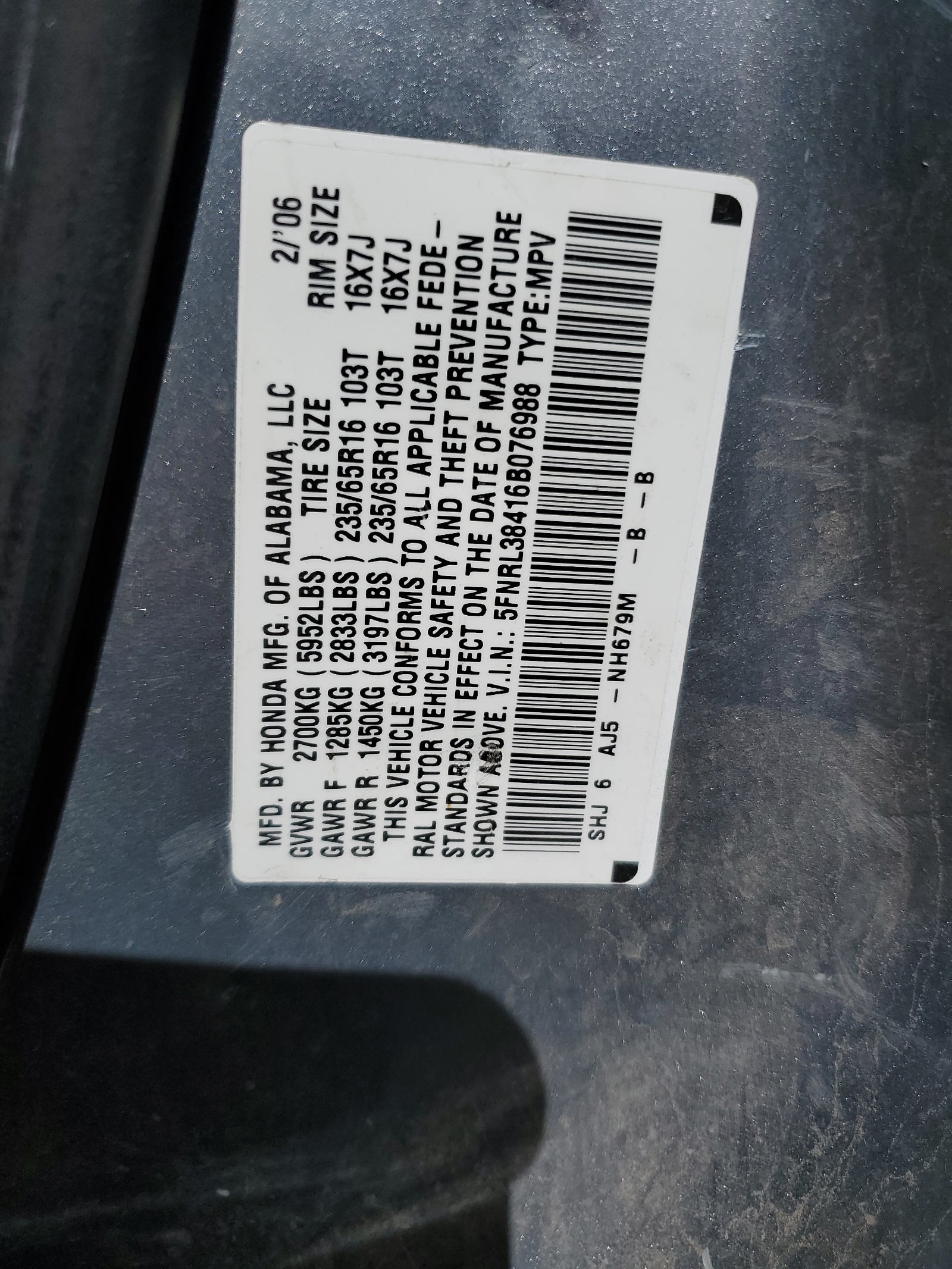 5FNRL38416B076988 2006 Honda Odyssey Ex