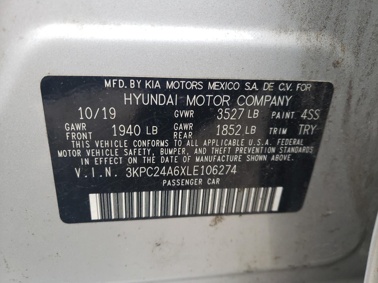 3KPC24A6XLE106274 2020 Hyundai Accent Se