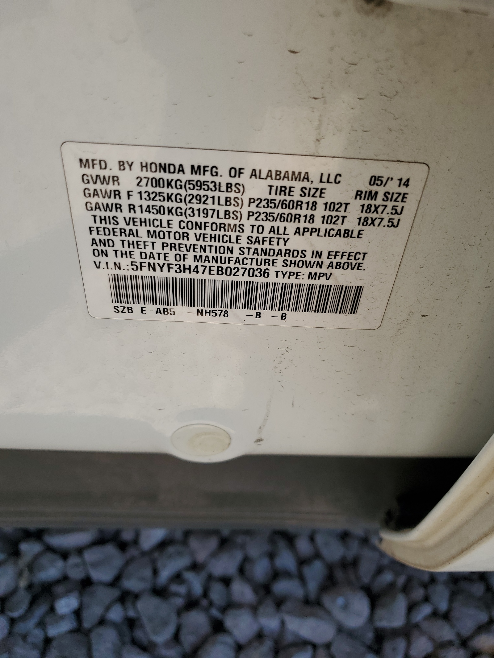 5FNYF3H47EB027036 2014 Honda Pilot Ex