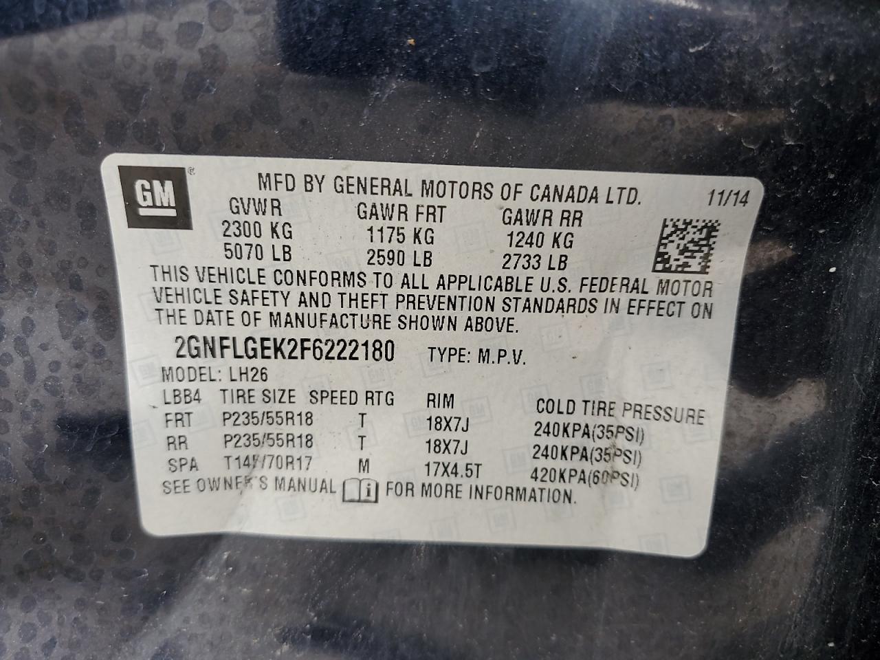 2GNFLGEK2F6222180 2015 Chevrolet Equinox Lt