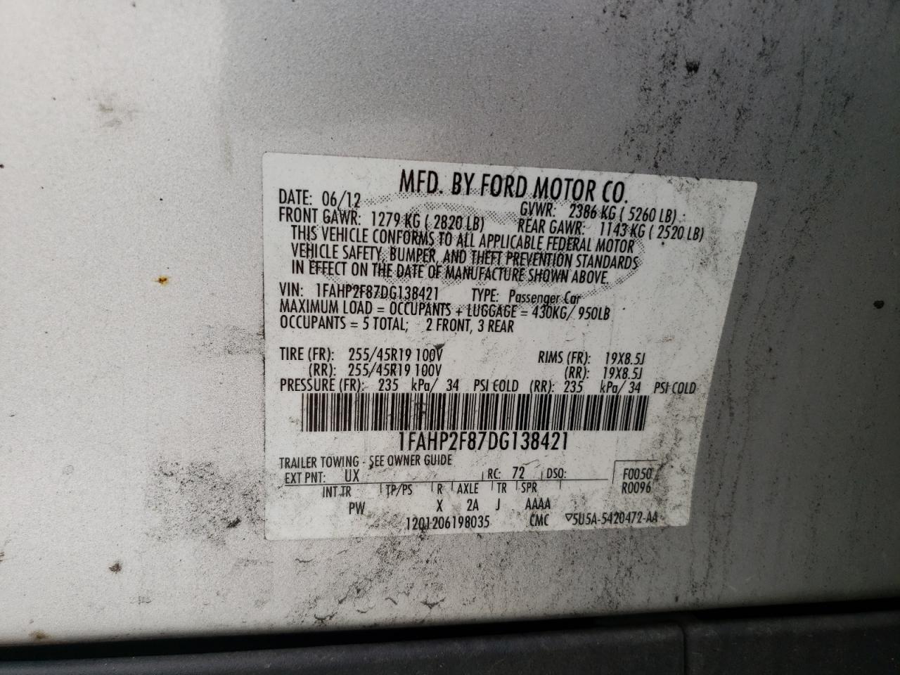 2013 Ford Taurus Limited VIN: 1FAHP2F87DG138421 Lot: 55325444