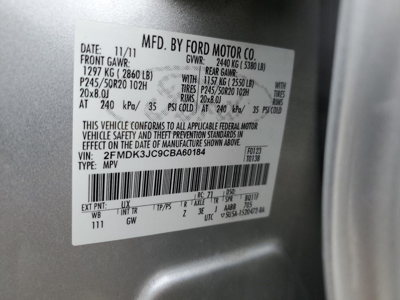 2012 Ford Edge Sel VIN: 2FMDK3JC9CBA60184 Lot: 56304564